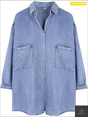 Womens Denim Button Down Shirt Oversized Baggy Soft Tencel Blouse Casual